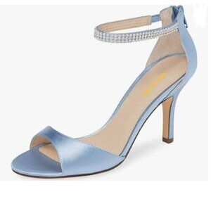 XYD Light Blue Open Toe Rhinestones Ankle Strap Sandals High Heel Bridal Shoes